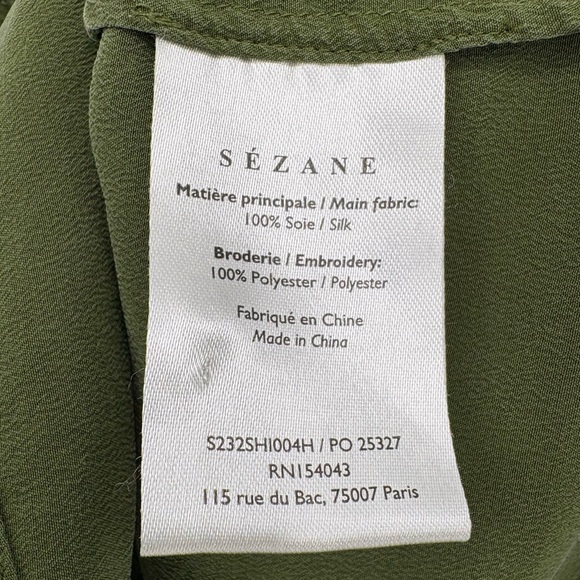 Sézane Chlo Embroidered 100% Silk Long Sleeve Blouse | Sz FR 32 (US 0) | Olive - Picture 15 of 16